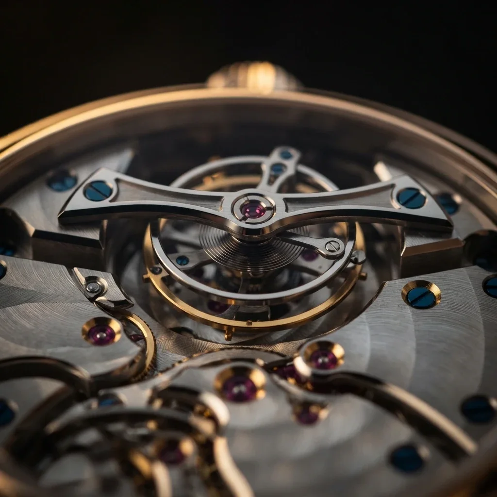 Calibre K-T1 up close: the balance cock over a gold balance, blued screws and rubies in gold chatons